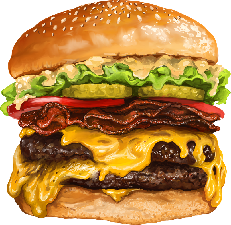 Double Cheese Burger with Bacon Hand-drawn Illustration